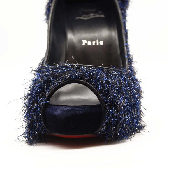 NEW $850 Christian Louboutin Very Prive 120 Peep Toe Blue Glitter Metallic Threa - Picture 8 of 9